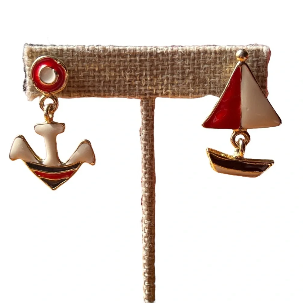 Nautical Red White and Blue Enamel and Gold Post Earrings Anchor Sailboat
